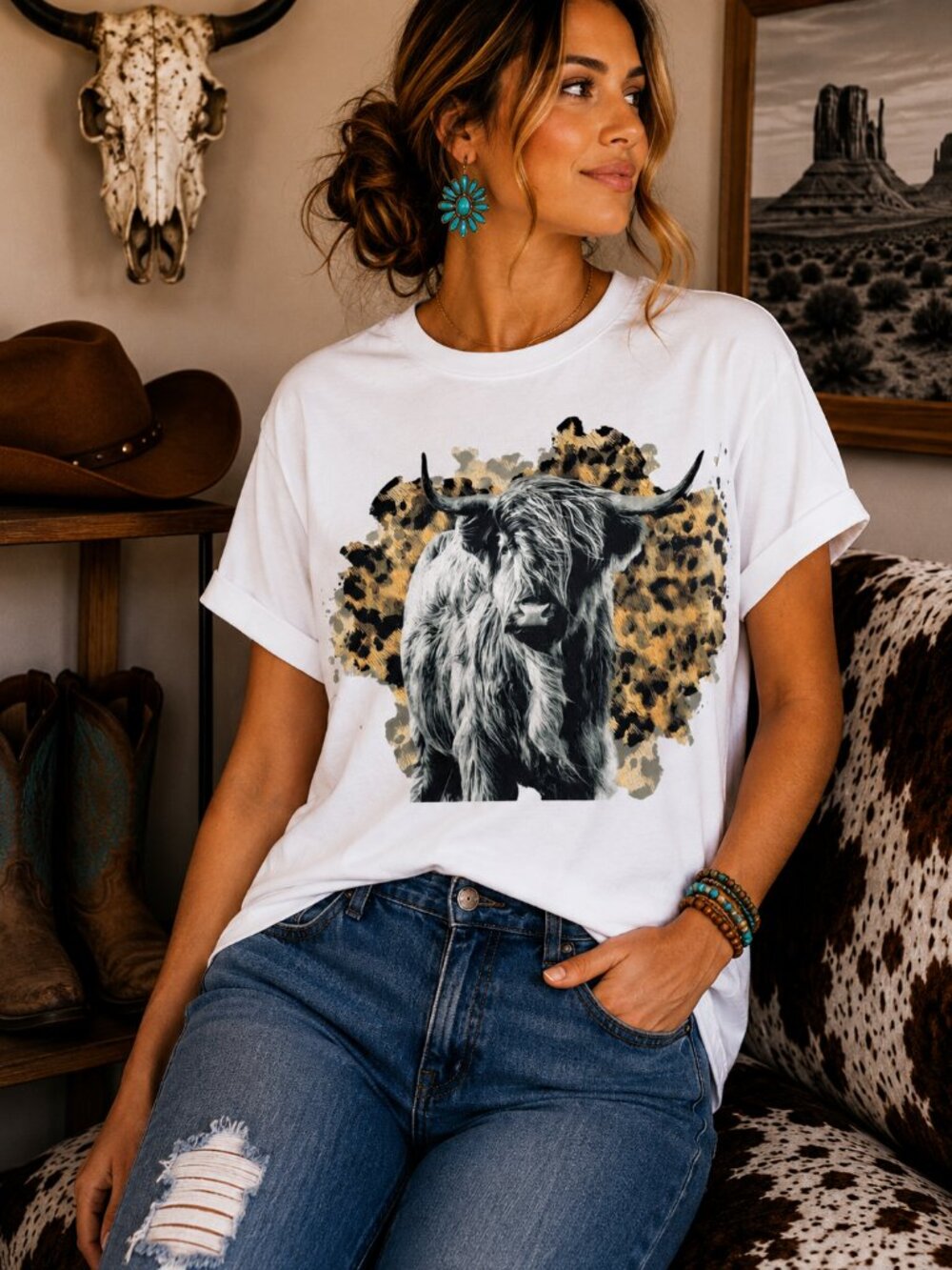 Highland Cow Western Graphic T Shirt Trendy Boutique Style Tee Womens White